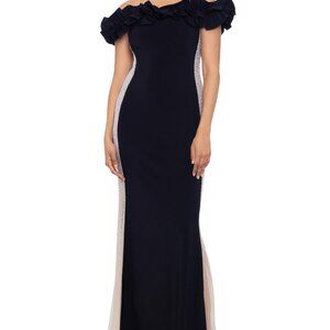 Xscape Women's Long Off The Shoulder Ruffle Beaded